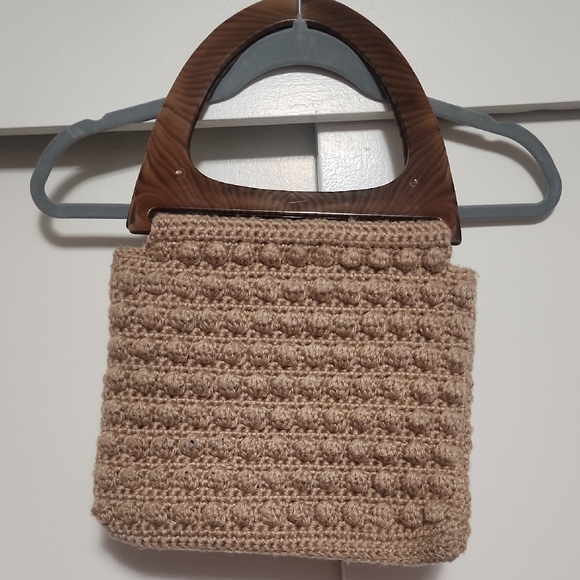 Vintage Hand Crocheted Wooden Handle Bag Coastal Grandma Boho Tote - Picture 9 of 11